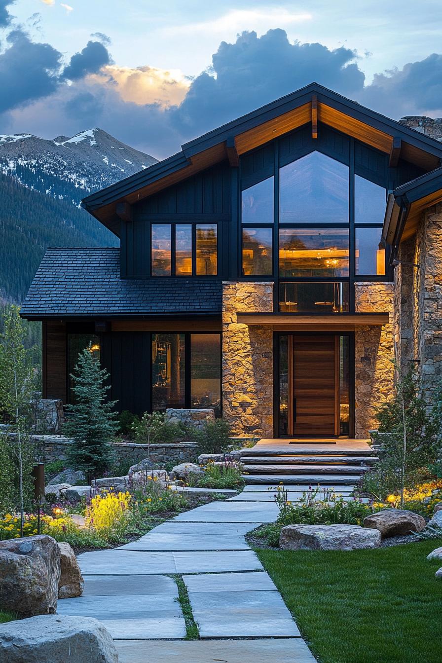 Modern mountain house with large glass windows