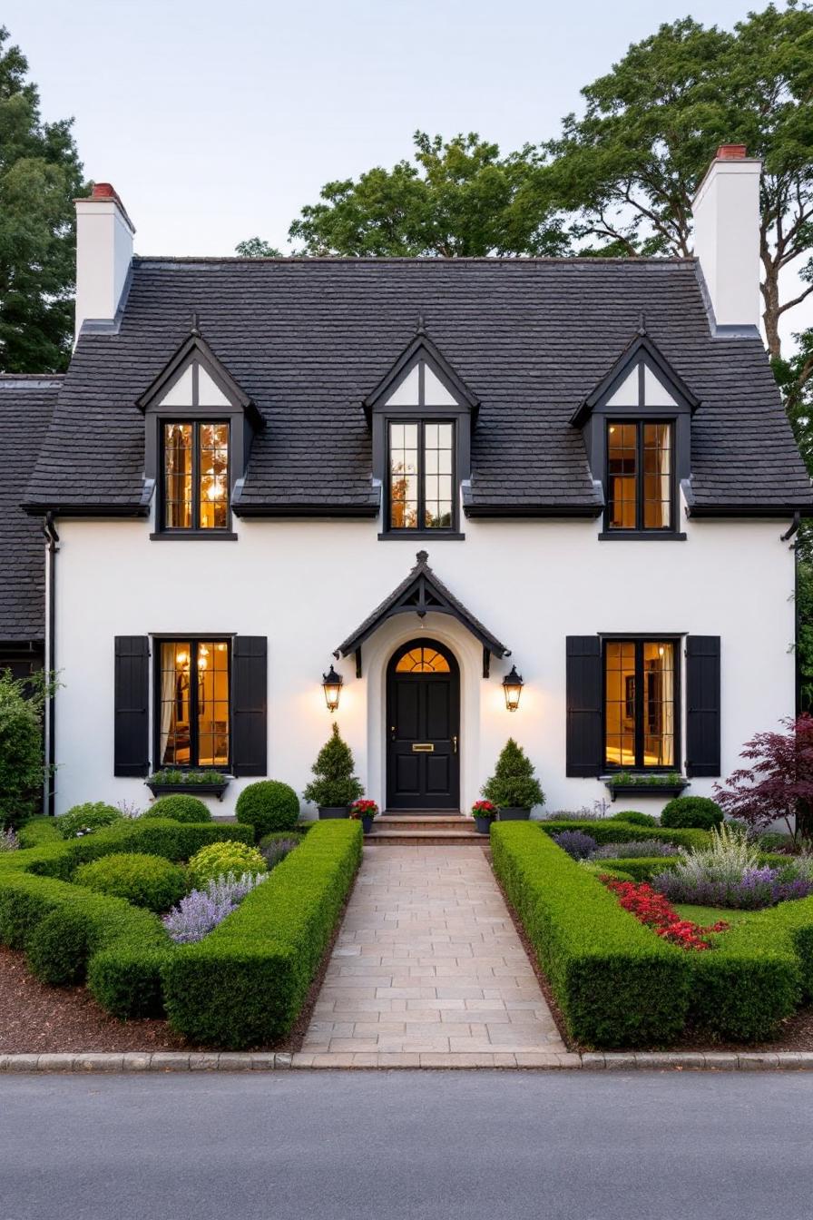 Black and white cottage with lush garden