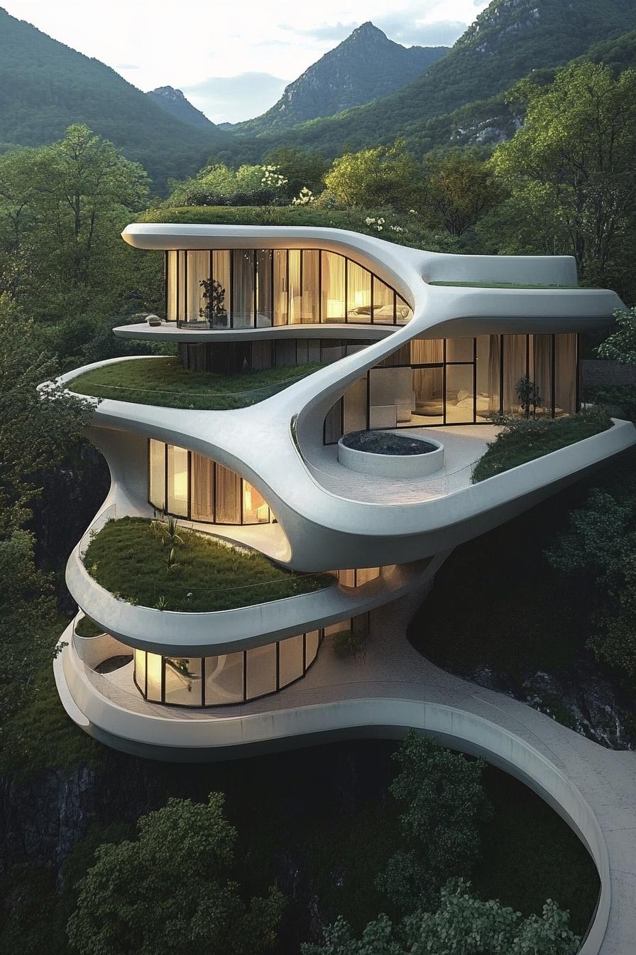 Curvy, futuristic house with green terraces in a mountainous setting