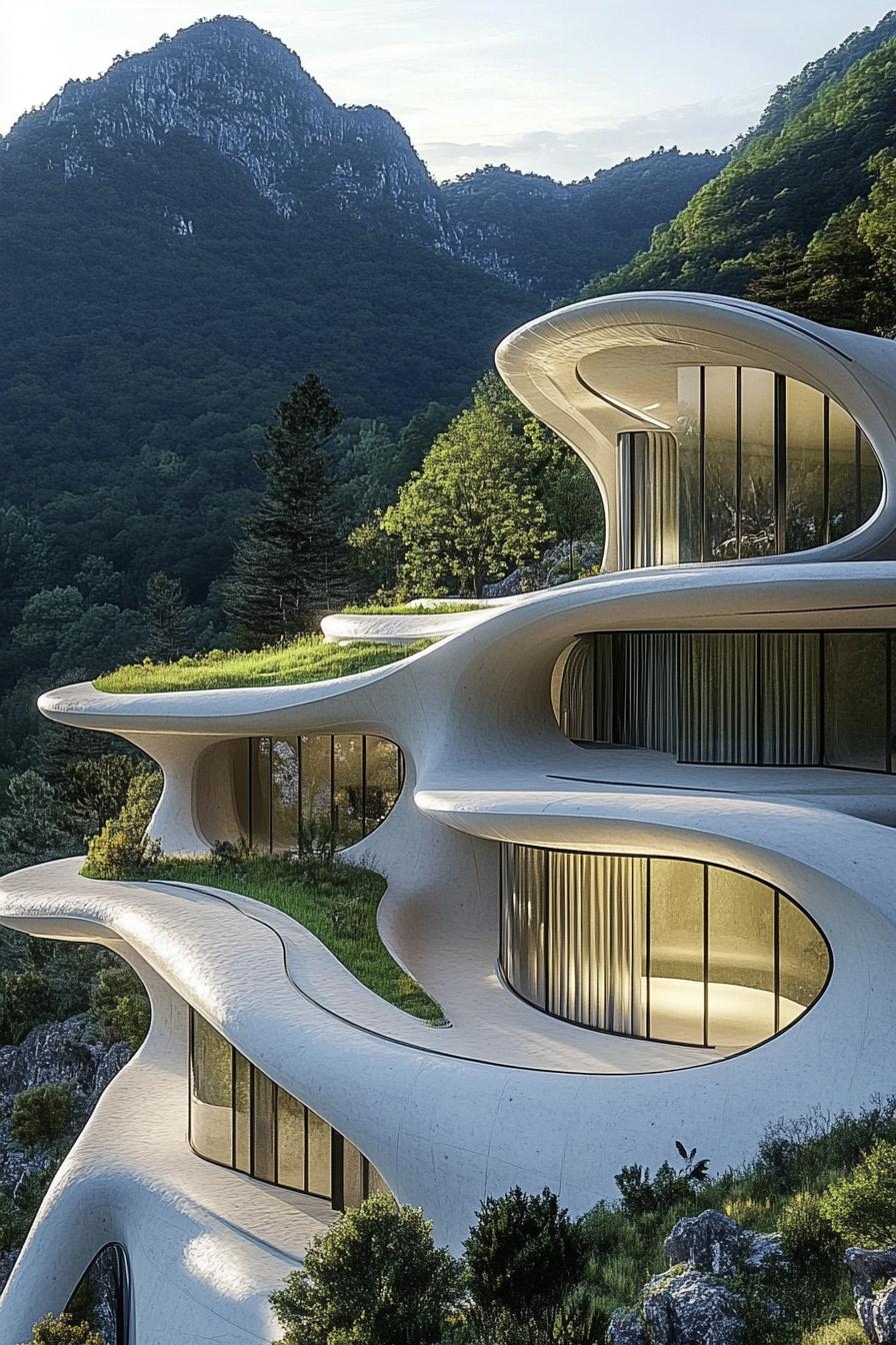 Curved, futuristic home amidst lush mountains