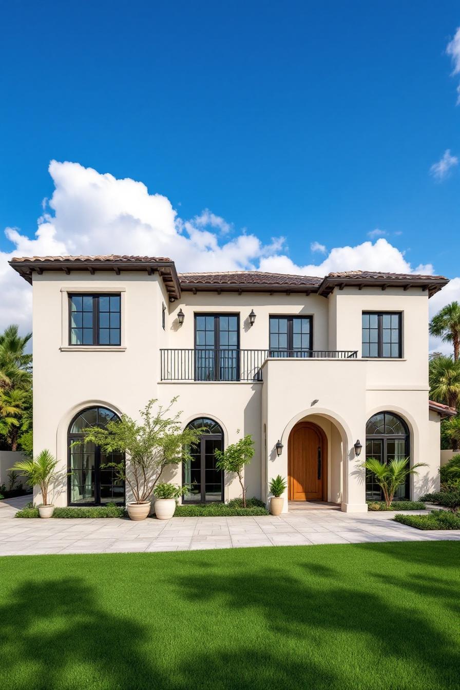 Mediterranean villa with arched windows and lush green lawn