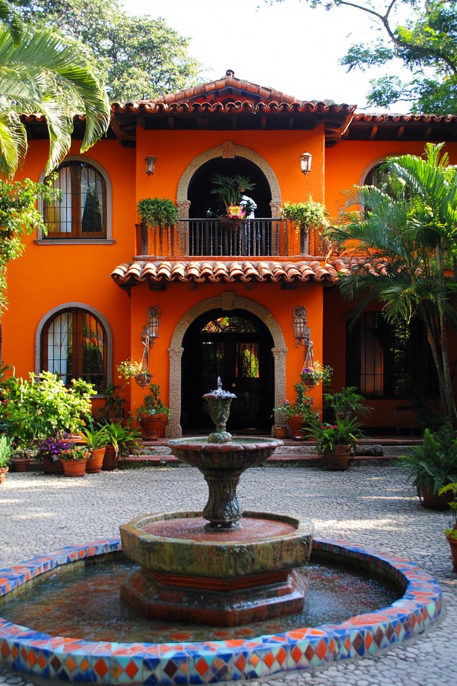 Vibrant Mexican house with a colorful courtyard fountain