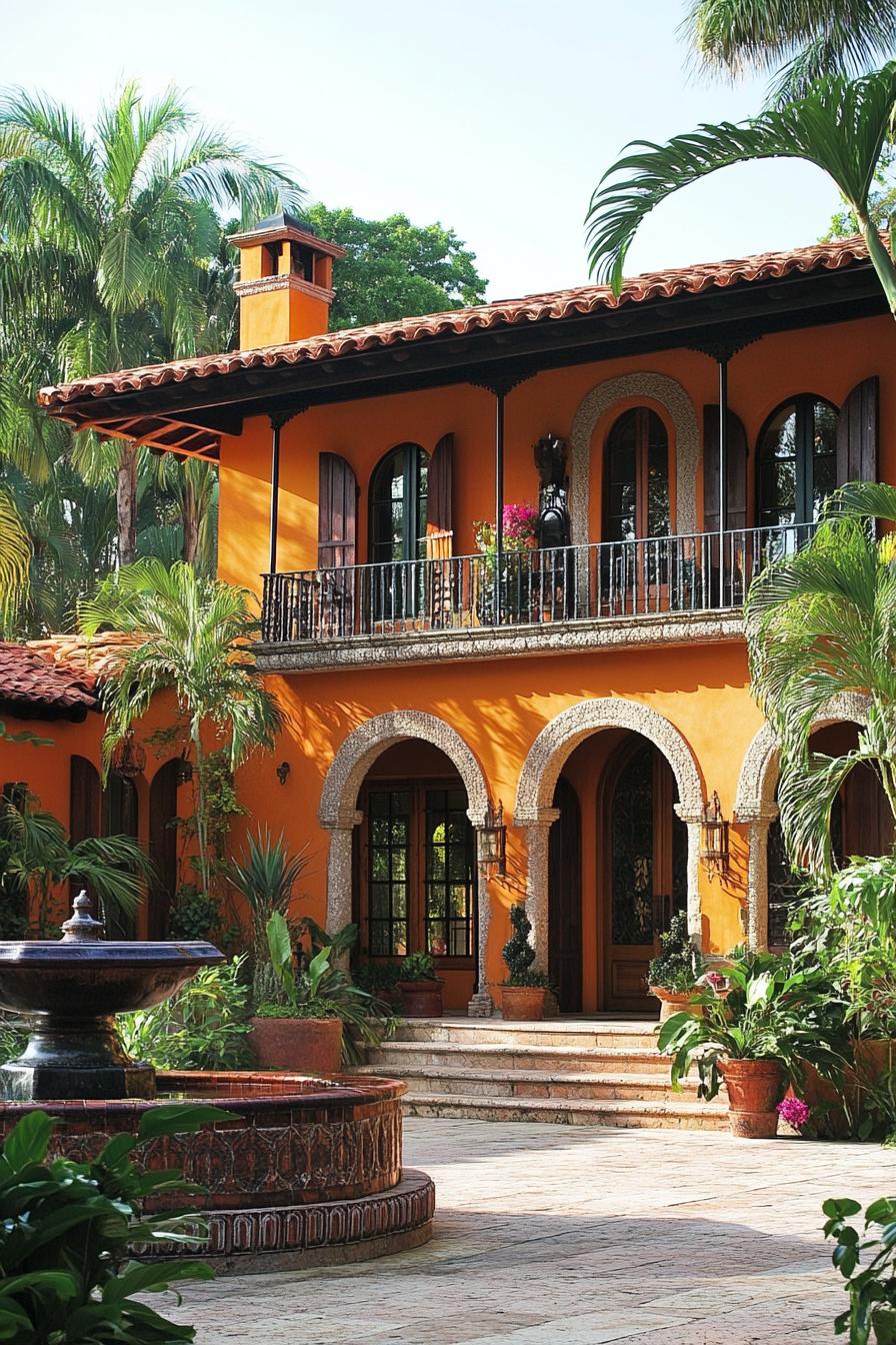 Vibrant orange house with arched windows and palms