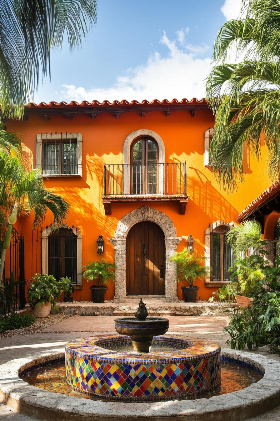 Bright orange Mexican house with a tiled fountain