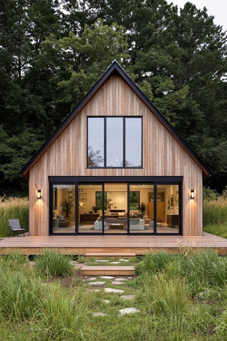 Wooden house with large glass windows set in a lush setting