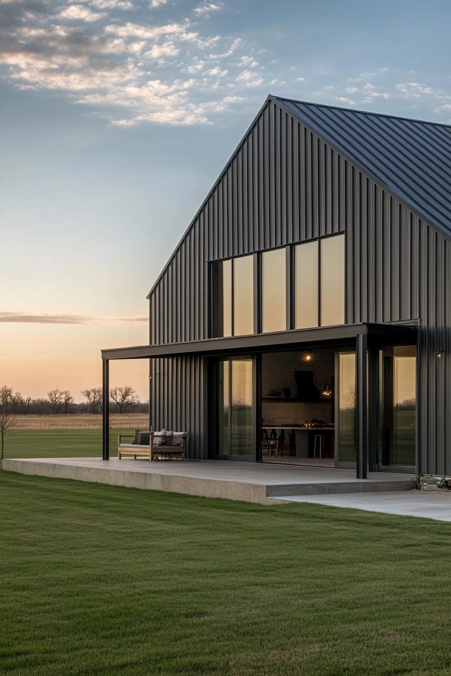 Sleek metal barndominium with reflective glass windows