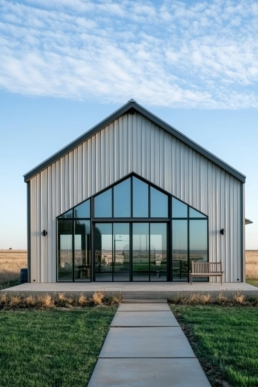 Modern barndominium featuring large glass front