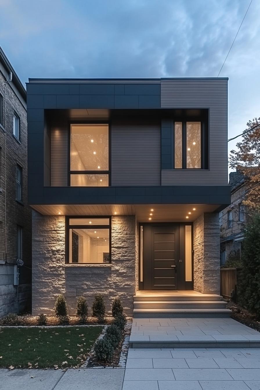 Modern house facade at dusk with lights