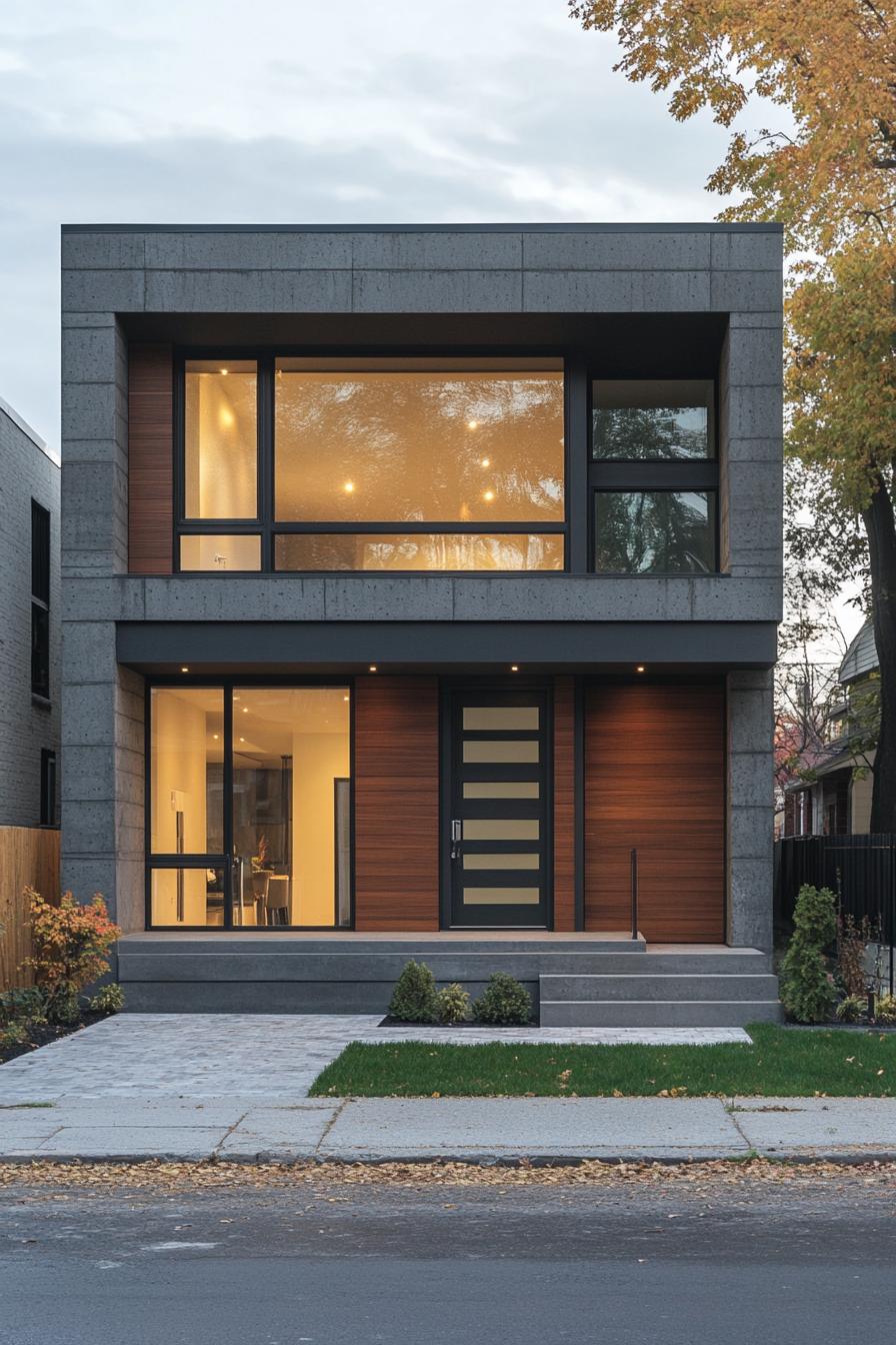 Modern house facade with large windows and wooden accents