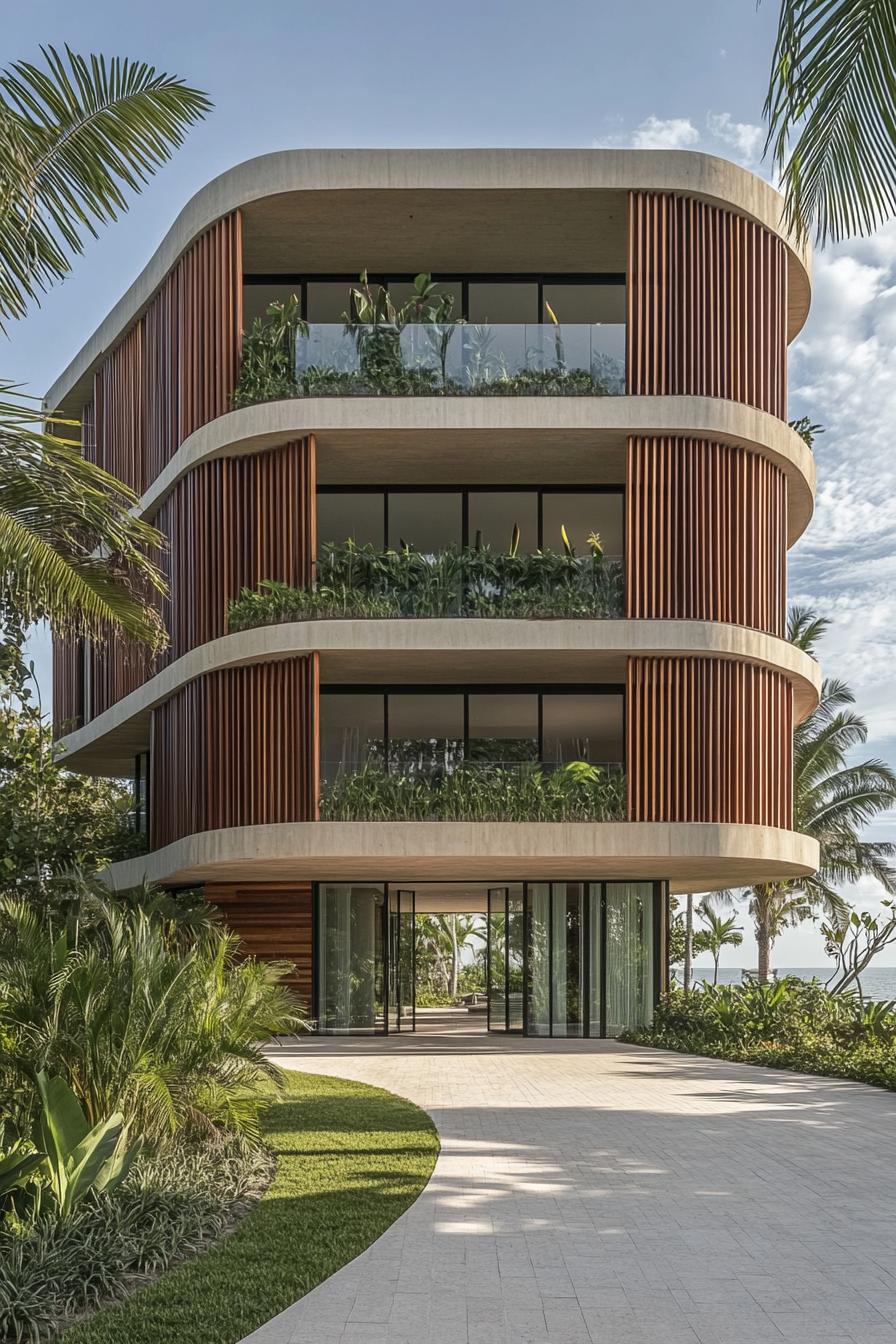 Modern building with curved balconies and lush greenery