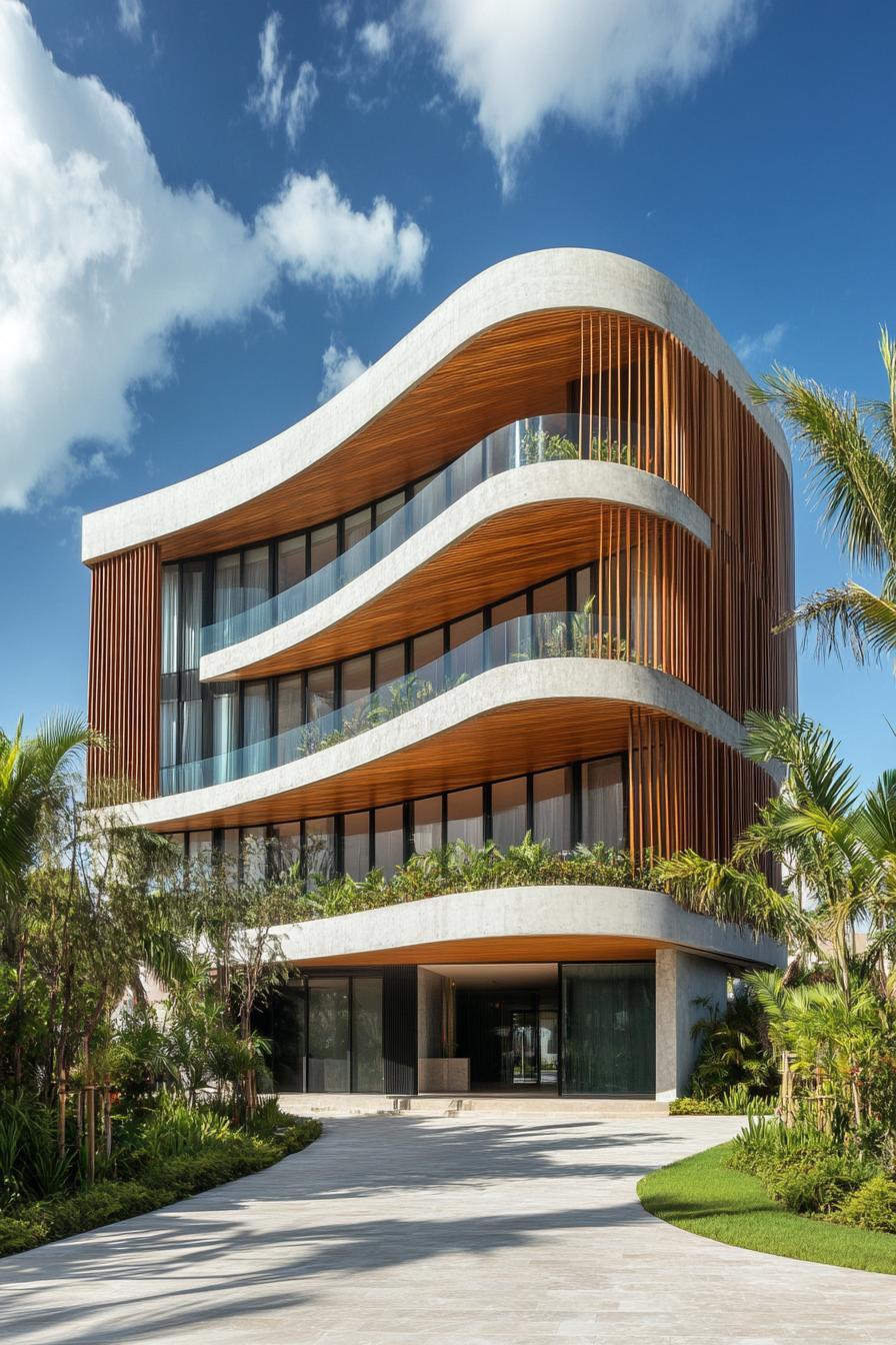 Modern multi-story building with wavy, layered design and lush greenery