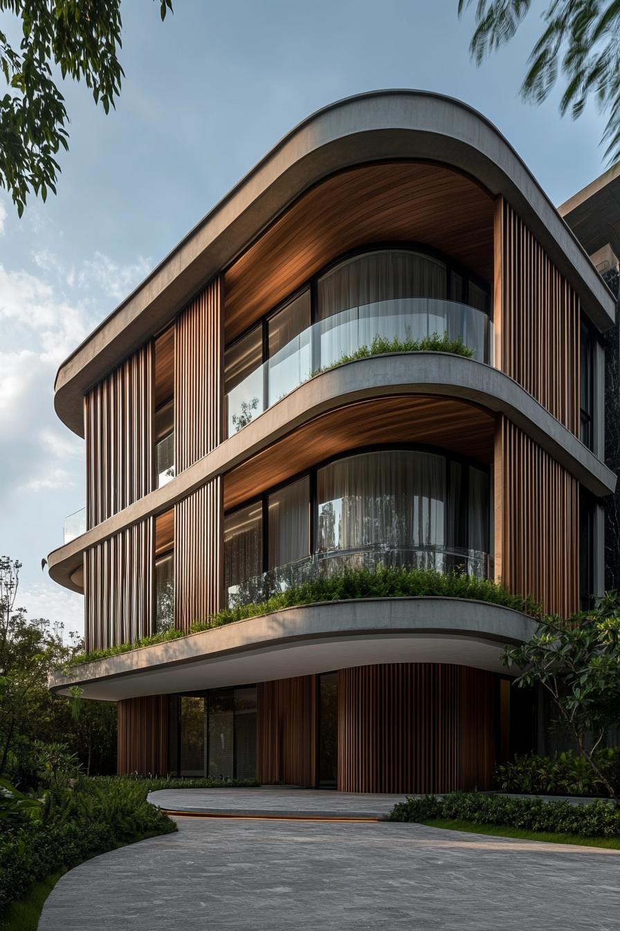 Stylish modern building with curved balconies and wooden accents