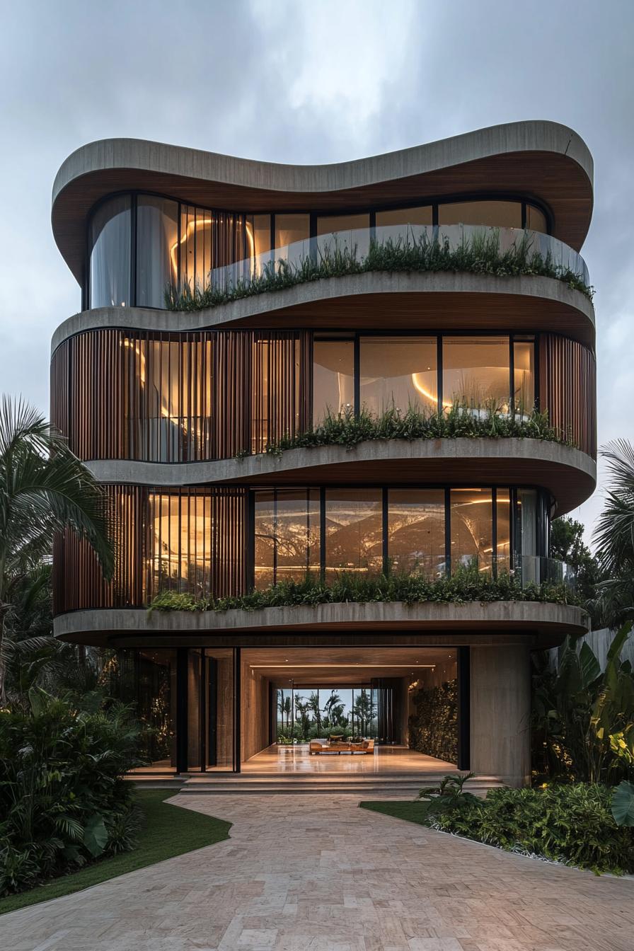 Curved wooden and glass building with lush greenery