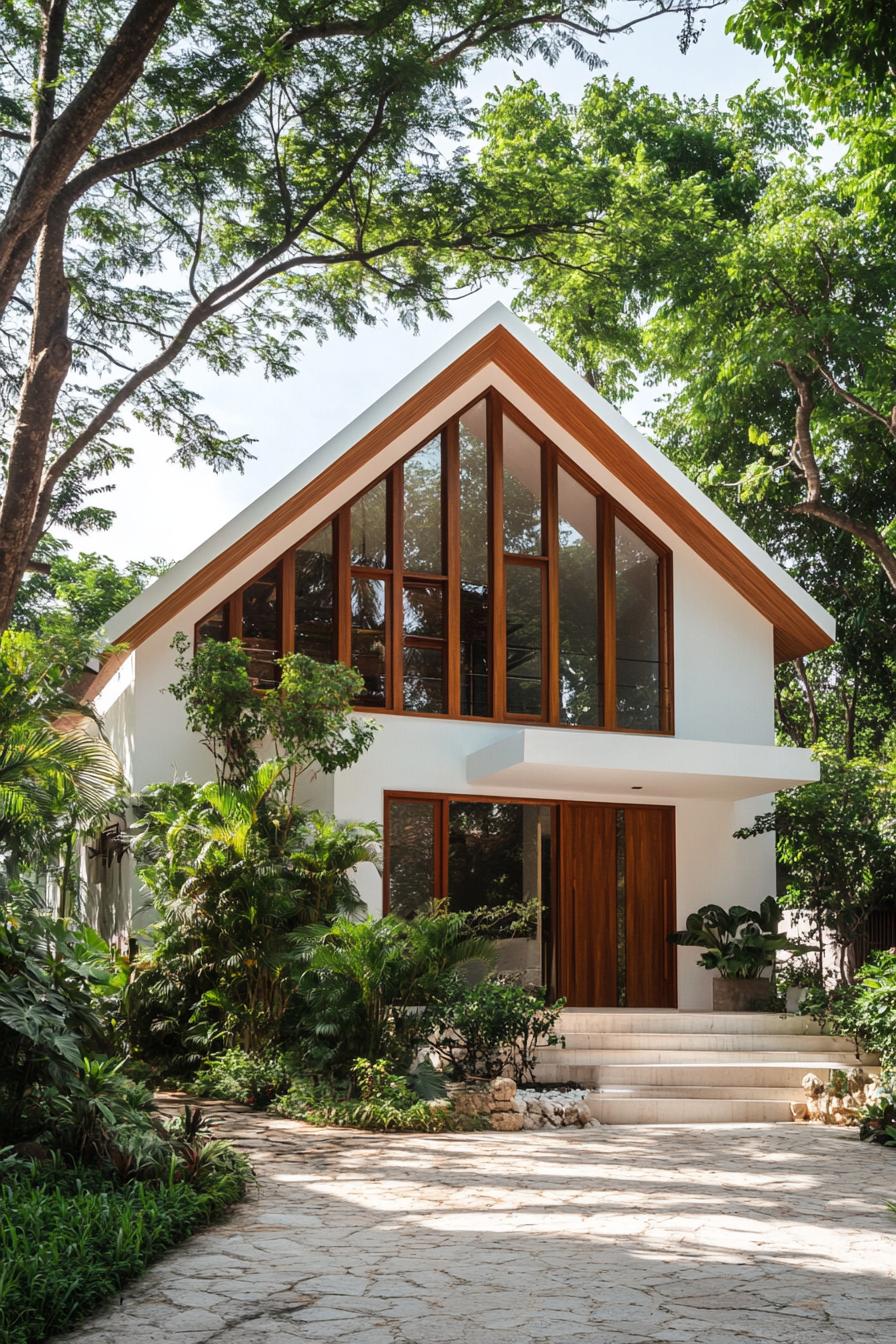 Tropical house with A-frame structure surrounded by lush greenery