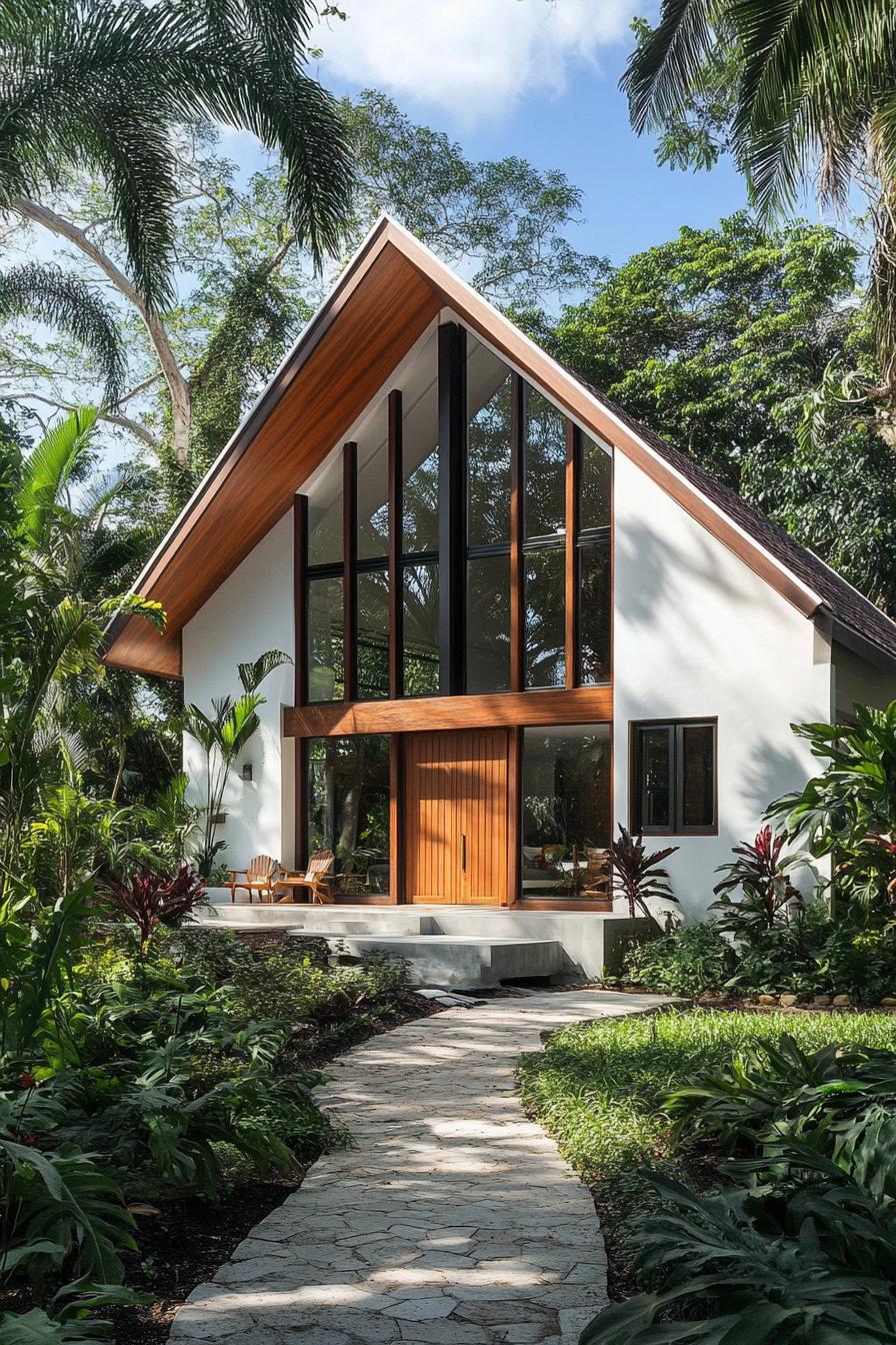 Modern A-frame house nestled in lush tropical greenery