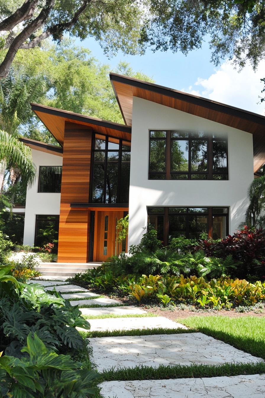 A modern house with sharp rooflines surrounded by lush greenery