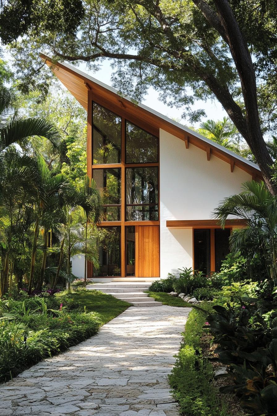 A-frame house with tropical surroundings