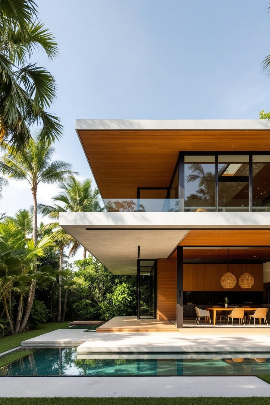 Modern tropical home with pool and palm trees