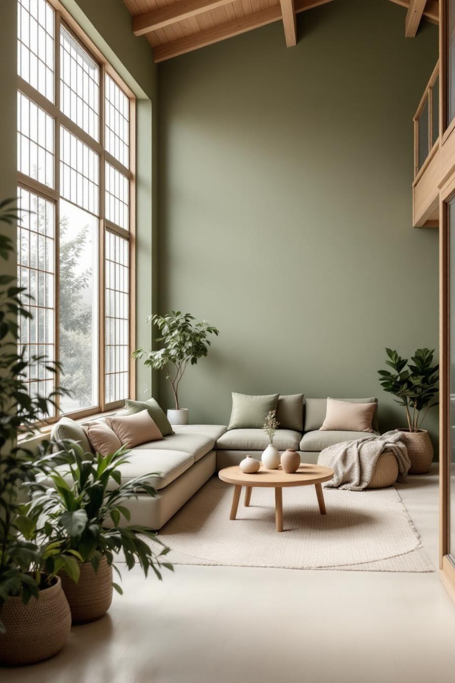 Minimalistic living room with earthy tones and greenery