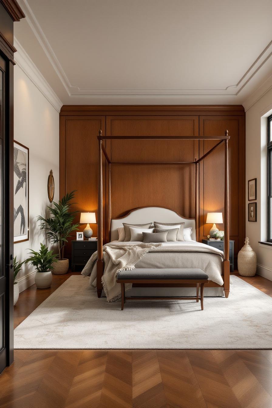 Elegant colonial bedroom with a canopy bed and wooden accents