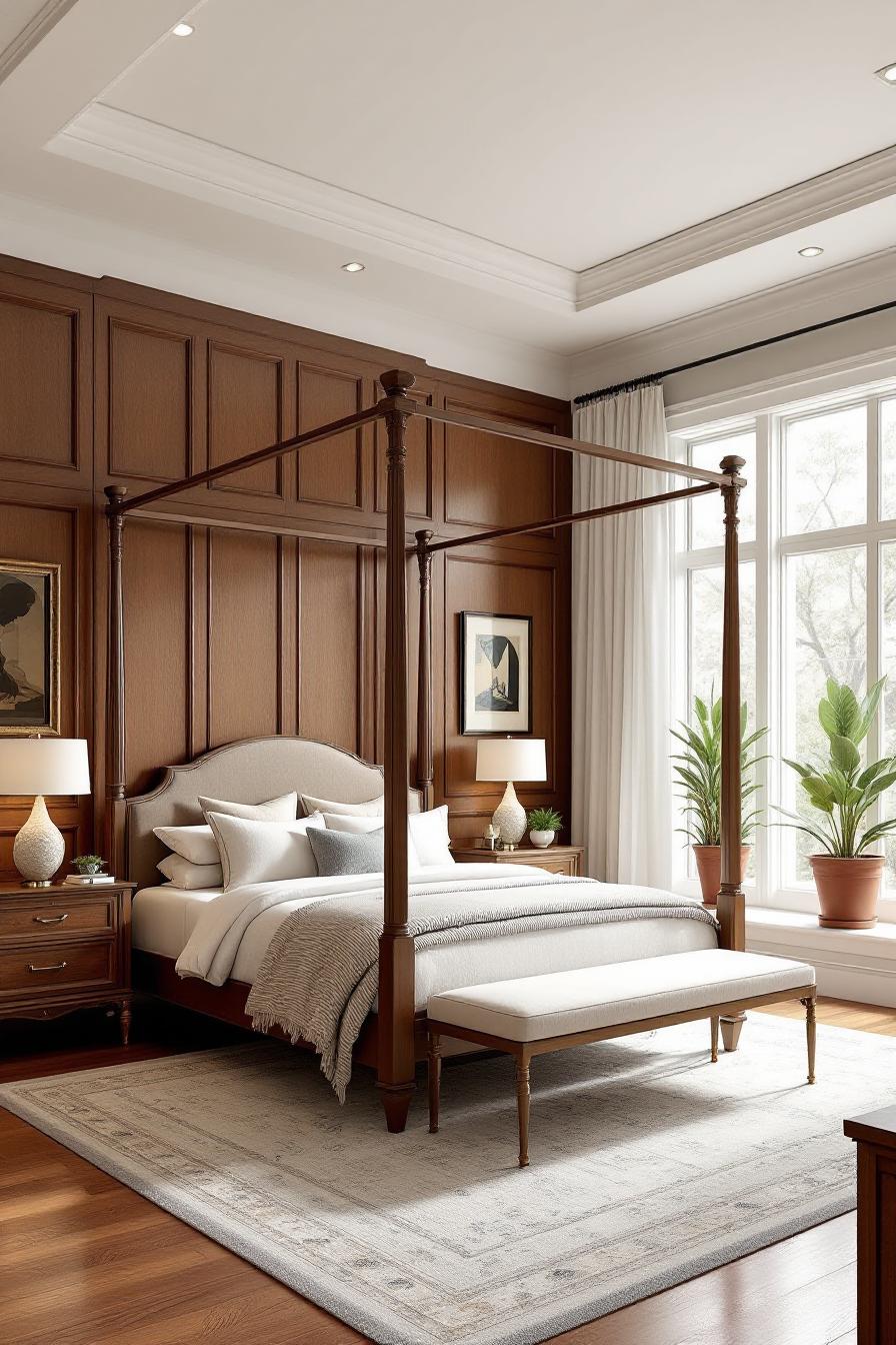 Colonial-style bedroom with a wooden canopy bed