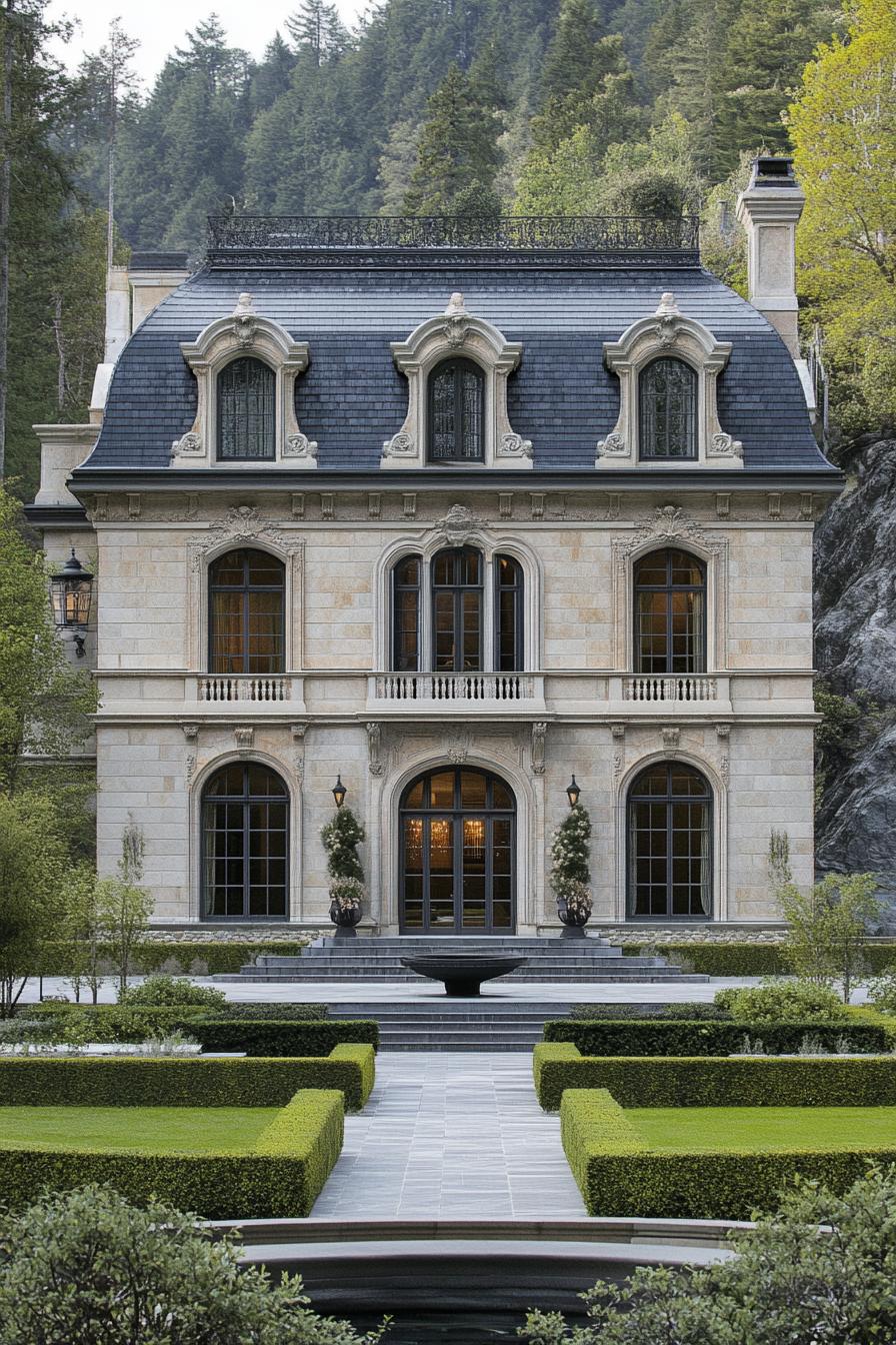 Luxurious manor framed by lush greenery and elegant pathways