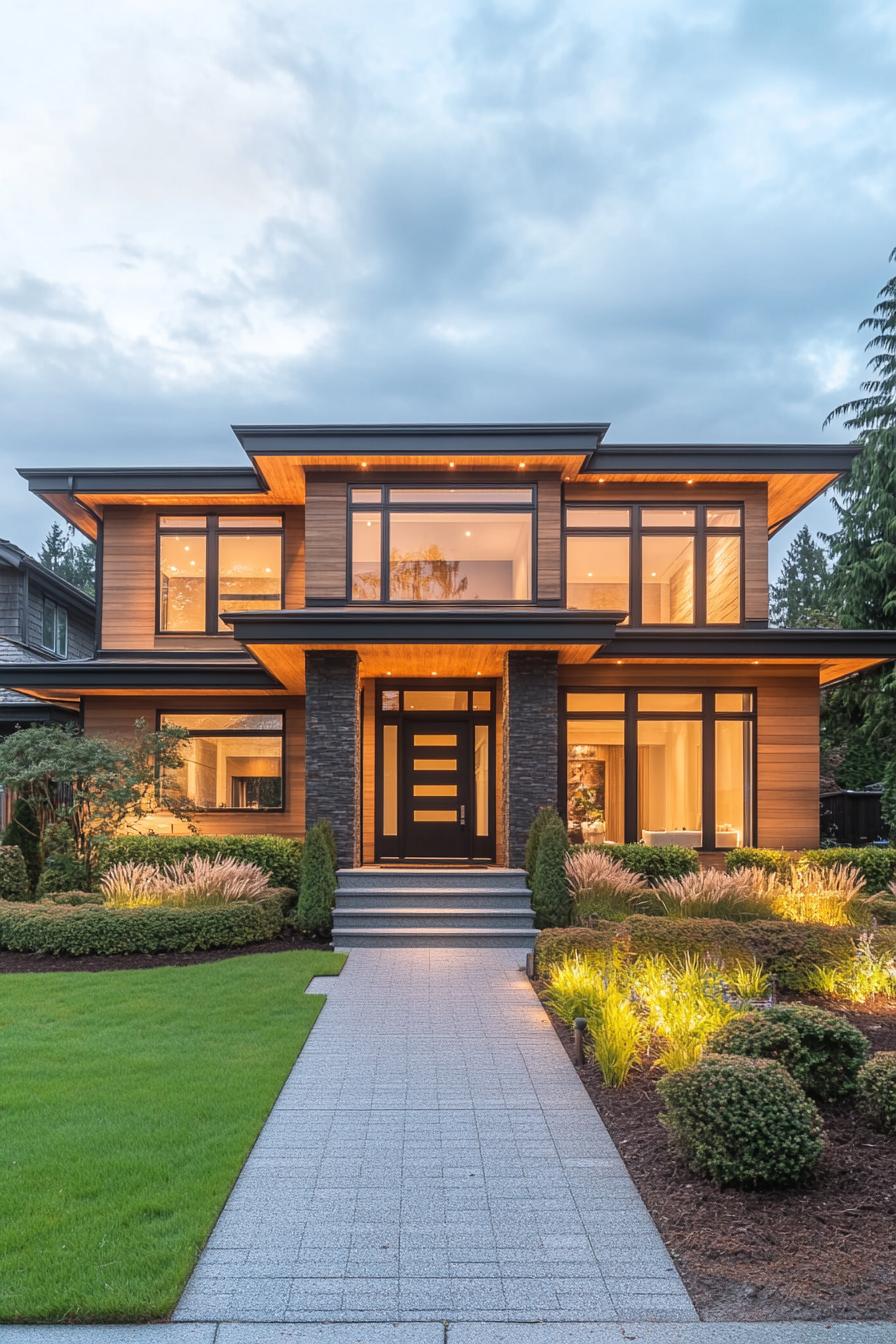 Modern two-story house with large windows and illuminated garden