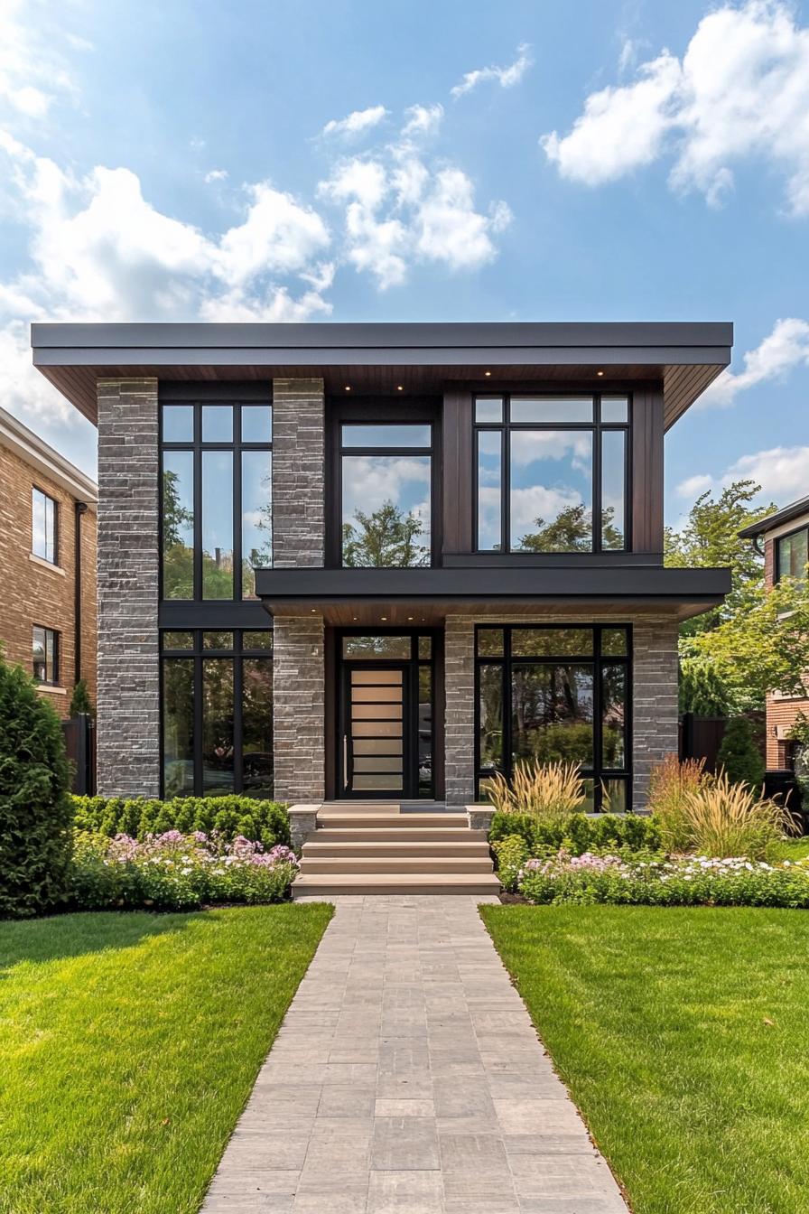 Modern house with stone facade and large windows