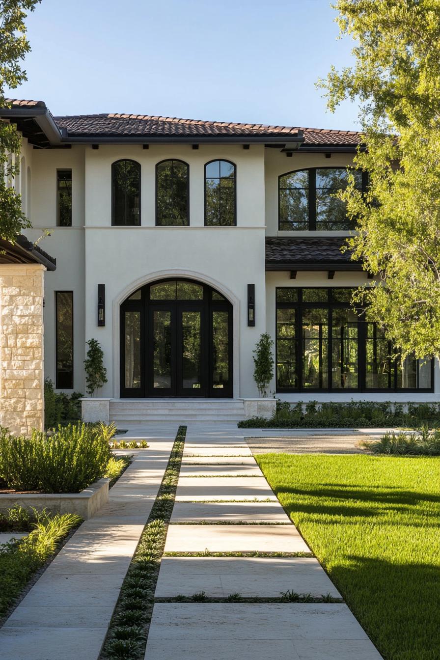 Two-story Mediterranean house surrounded by lush greenery