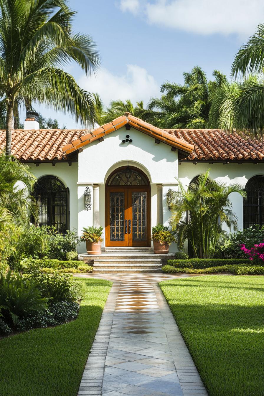 Charming white bungalow with a red-tiled roof surrounded by lush greenery