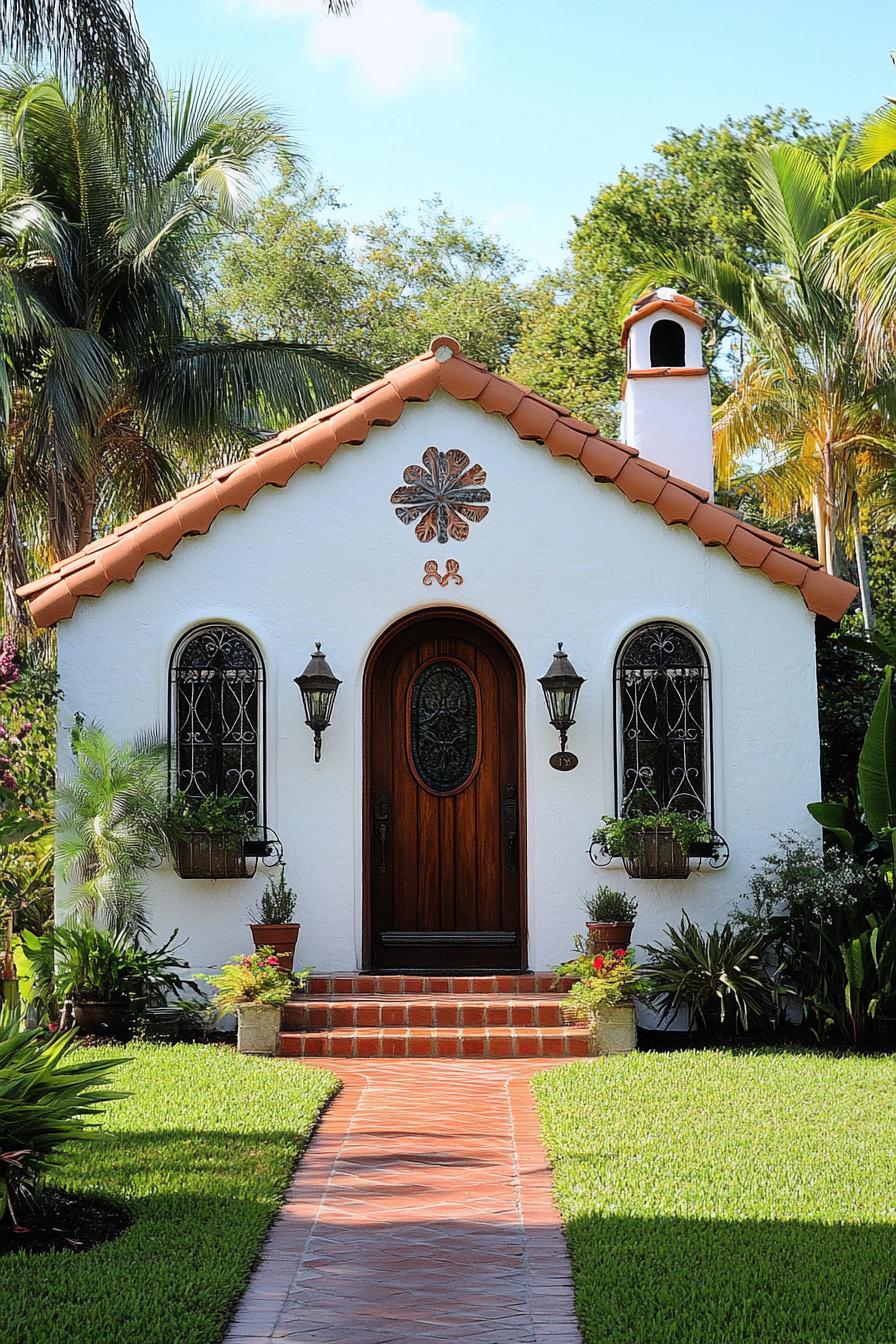 Small white Spanish bungalow with terracotta roof and lush greenery