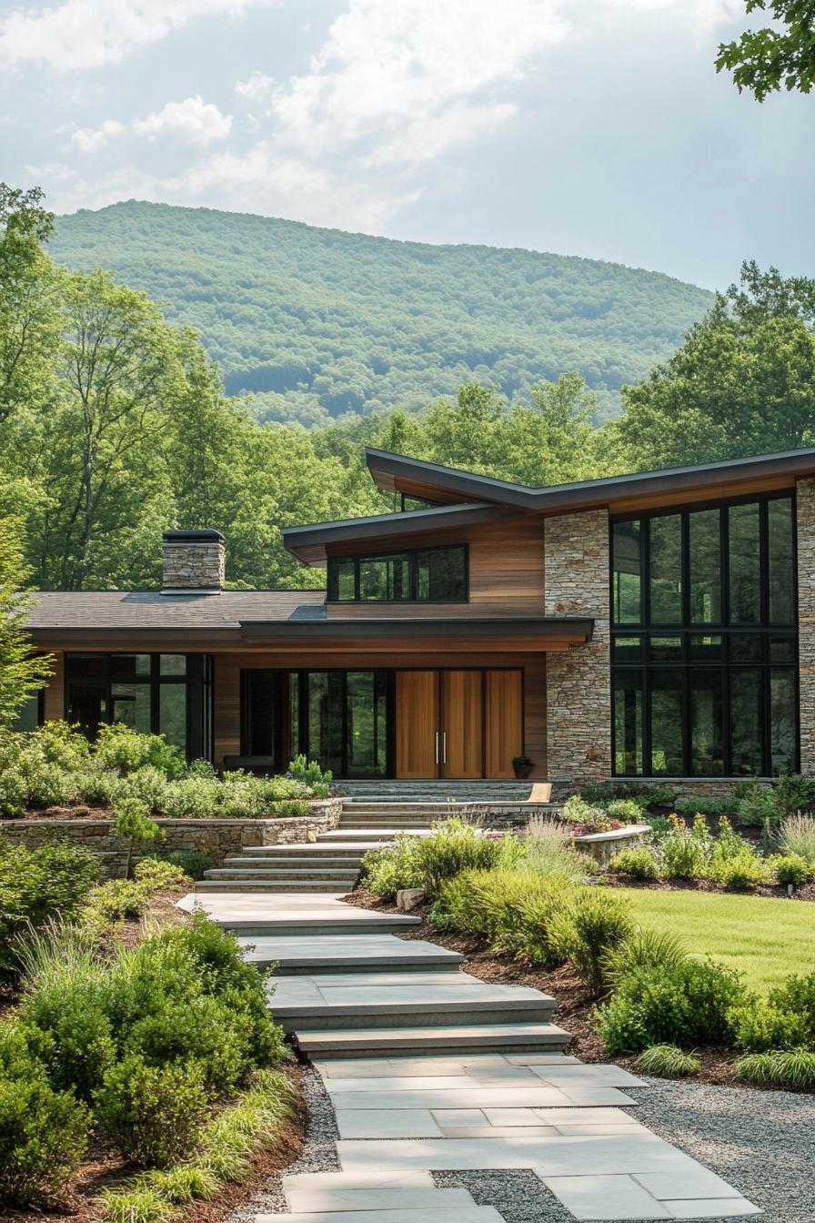 Modern mountain house surrounded by lush greenery