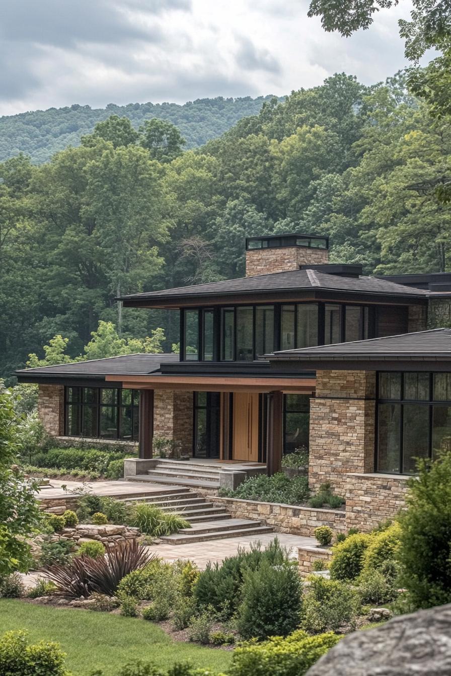 Modern stone house with lush greenery and mountain backdrop