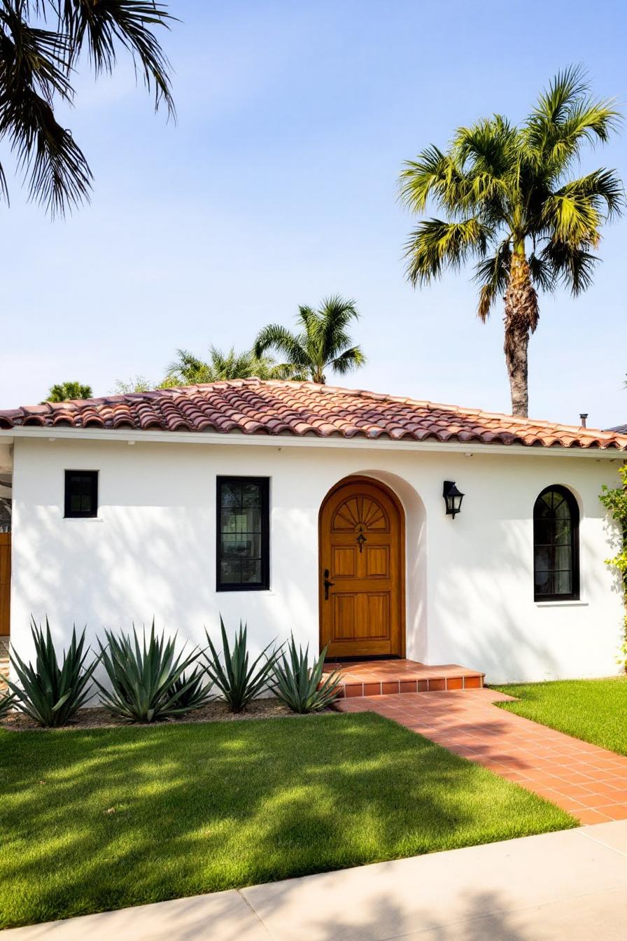 White bungalow with terracotta roof and palm trees