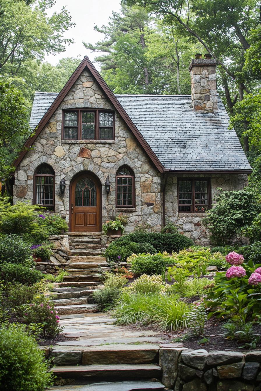 Stone cottage amidst lush greenery with charming entrance