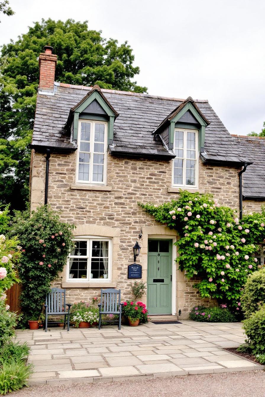 Charming stone cottage with blooming roses