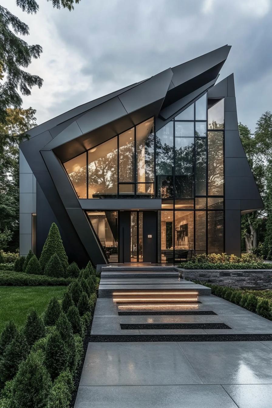 Sleek black geometric house with large windows