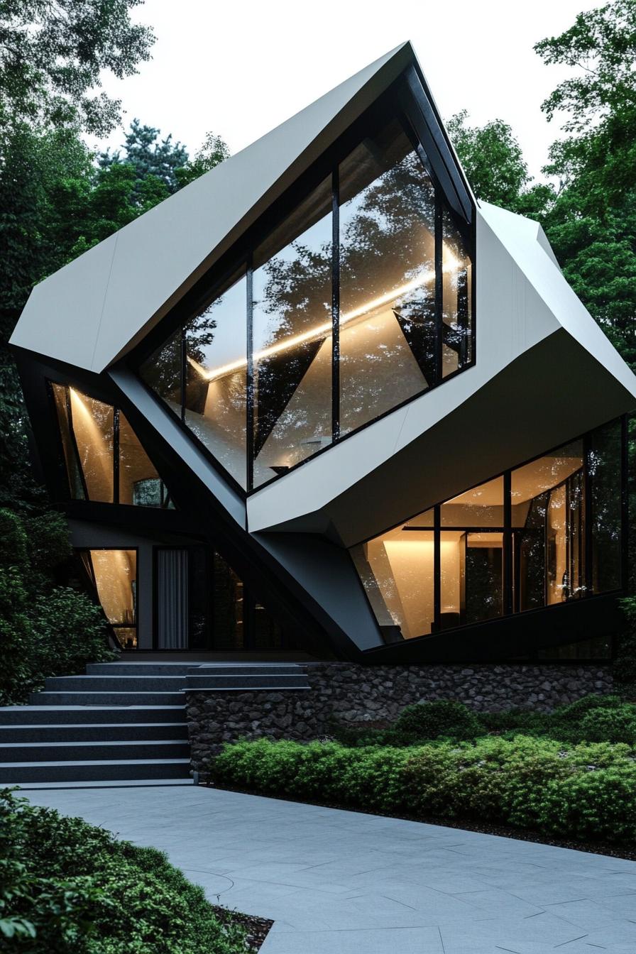 Futuristic house with large glass panels and angular design