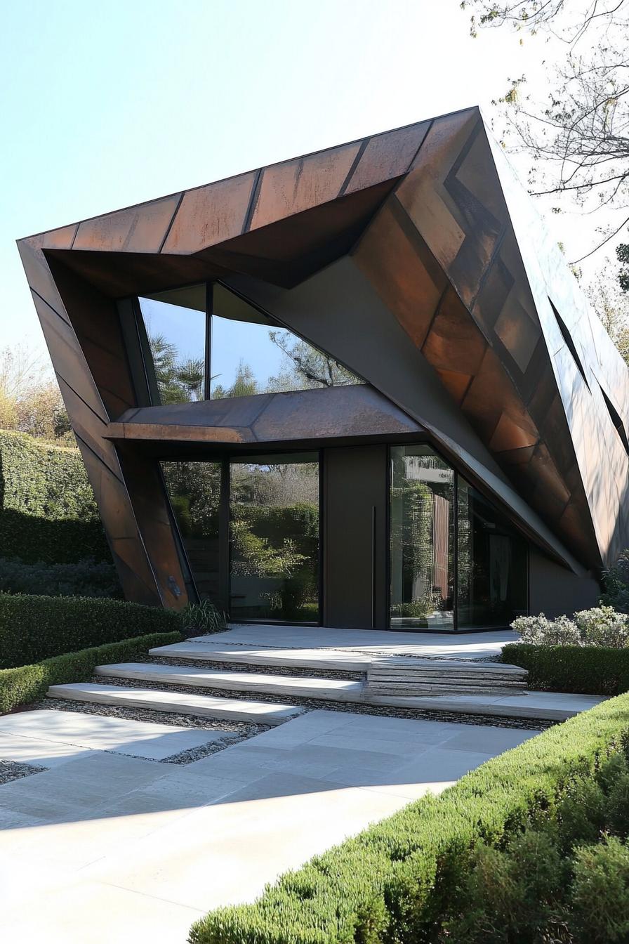 Futuristic house with angular, metallic facade and large windows