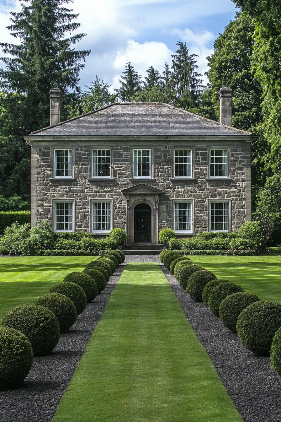 Elegant stone Georgian home with manicured lawn