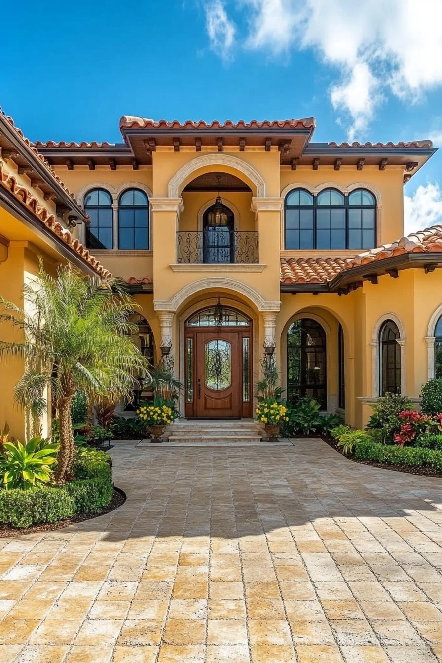 Two-story yellow villa with terracotta roof and arched windows