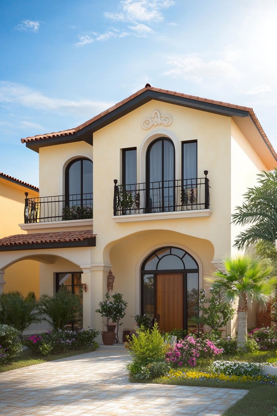 Two-story house with arched windows and garden