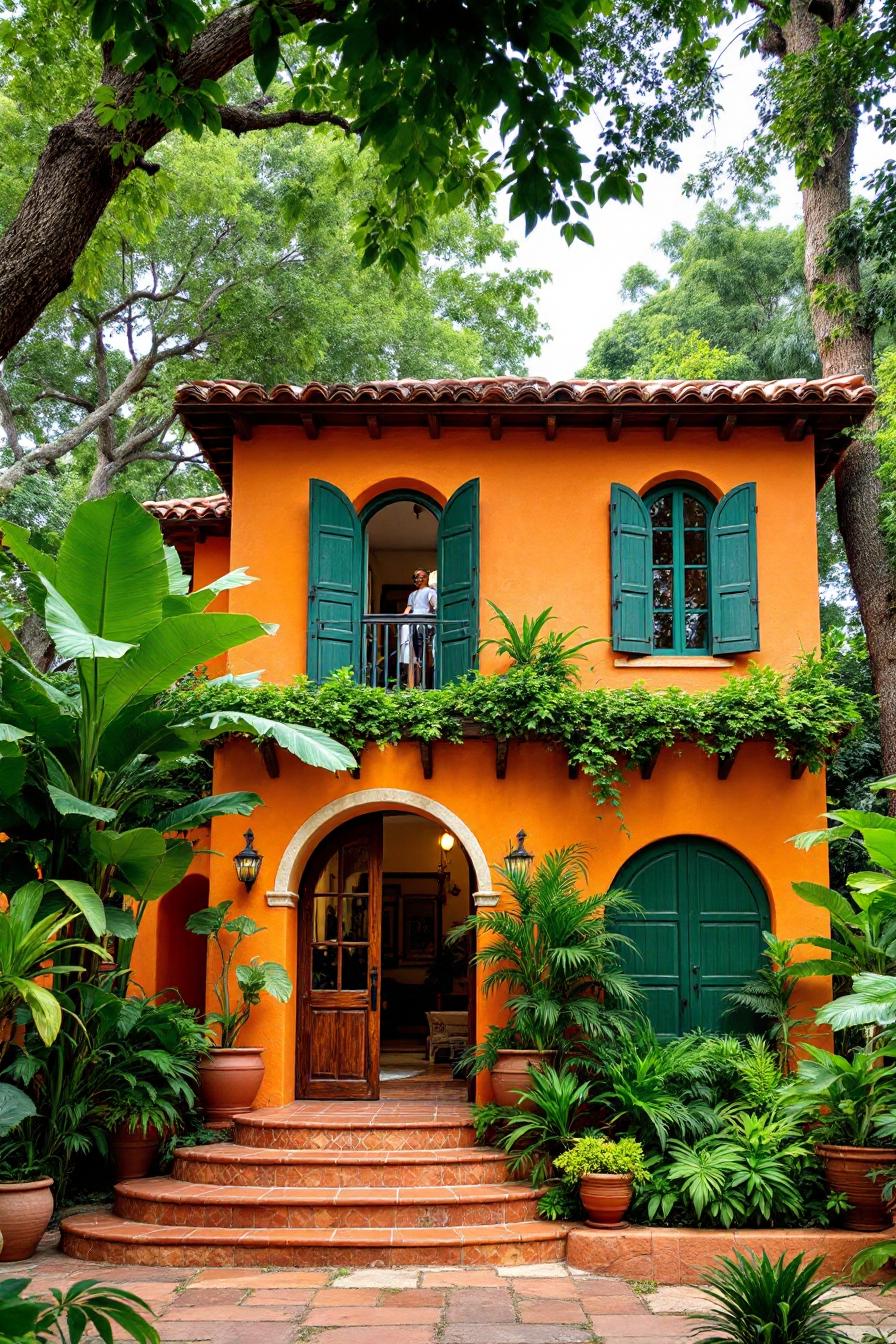 Colorful house with arched windows and lush greenery