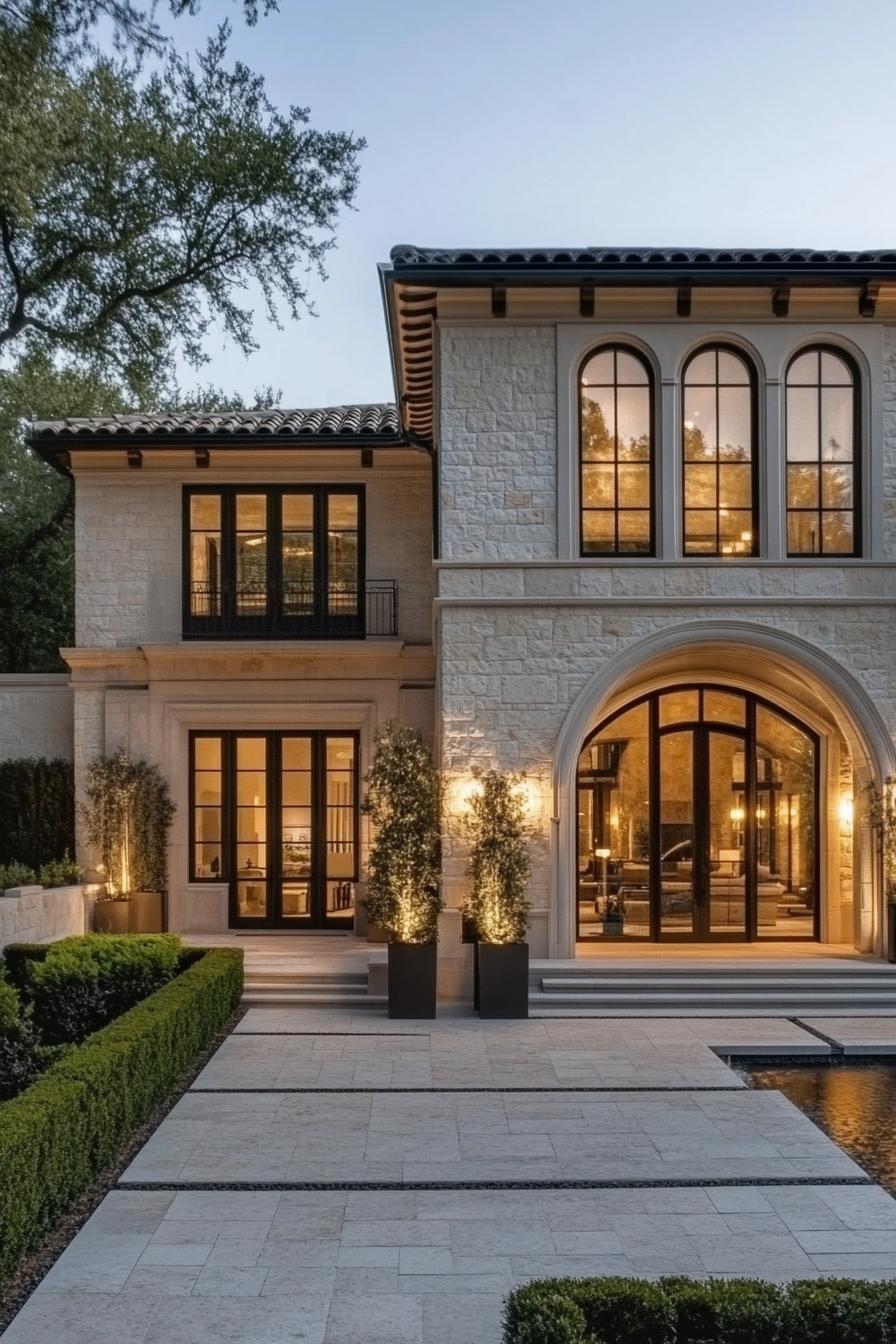 Modern French house with arched windows and stone facade