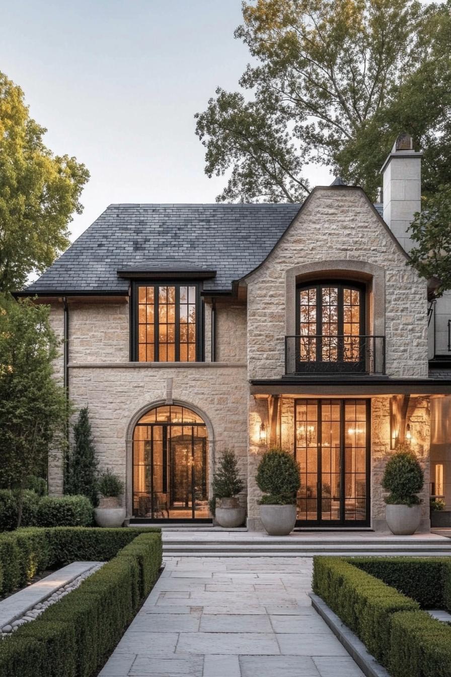 Elegant stone house with arched windows and lush garden