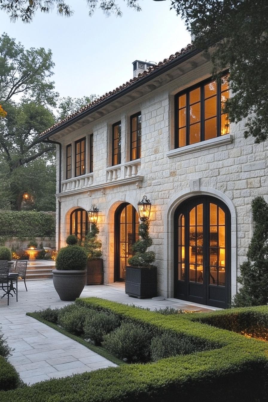 Elegant French home exterior with glowing windows