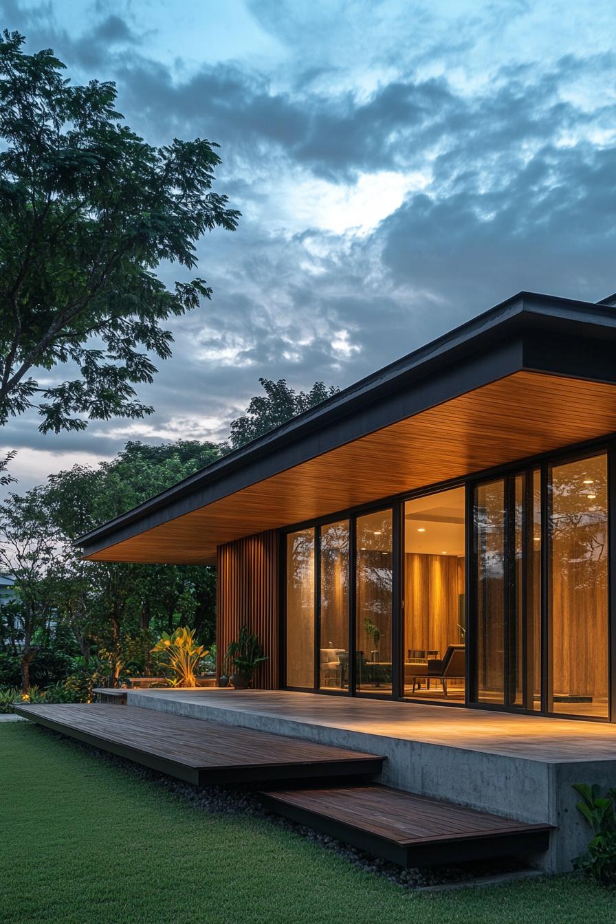 Modern Thai house with glass facade at dusk