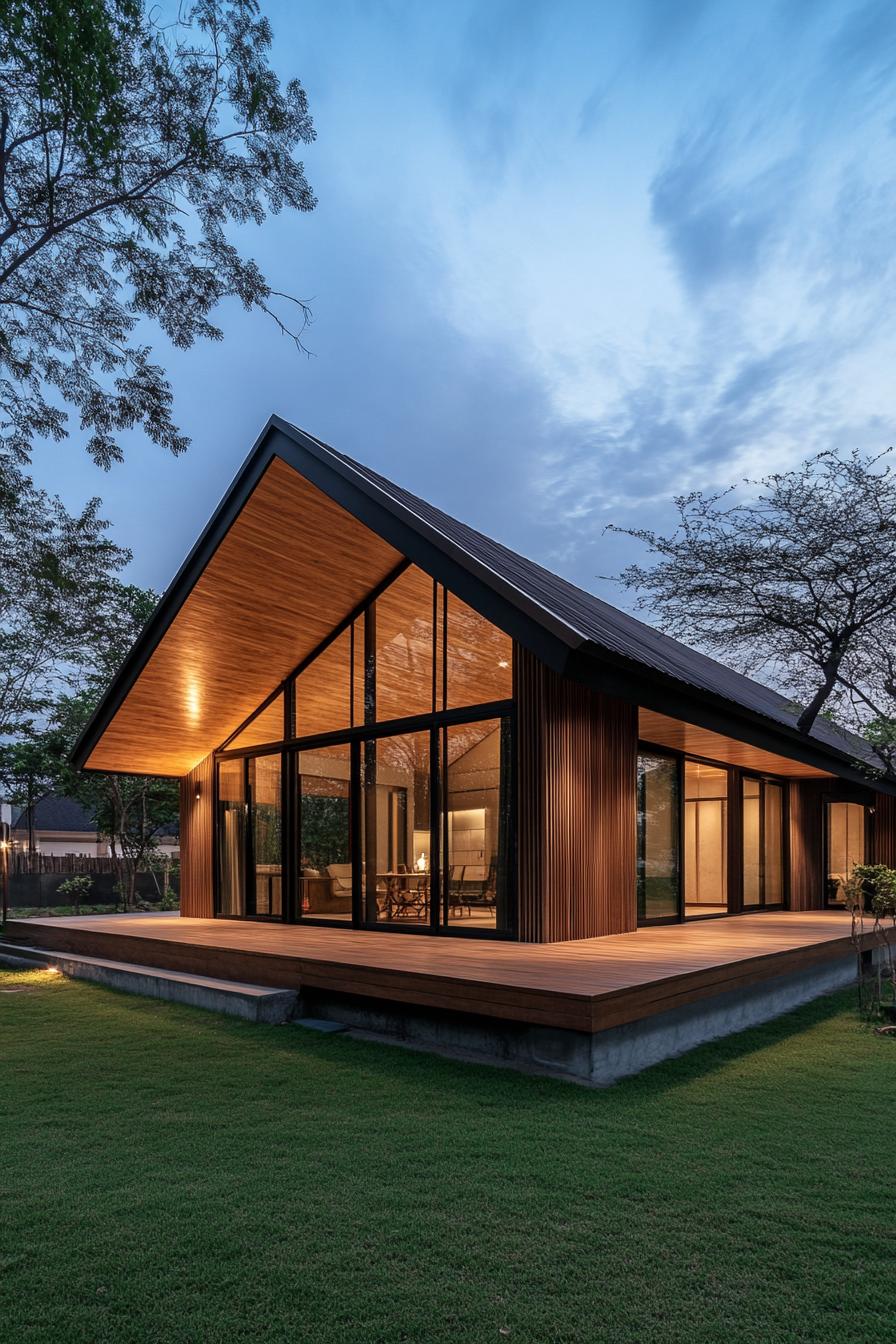 Modern Thai house with wooden and glass exterior at twilight