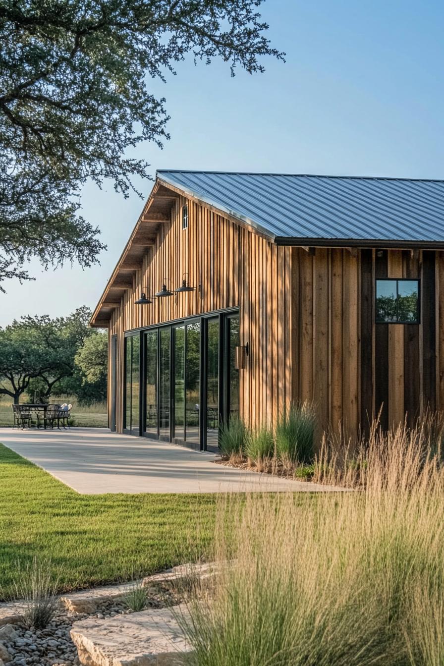 Charming wooden Barndominium with large glass windows