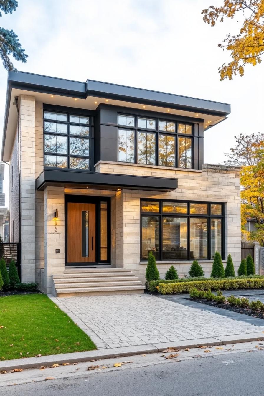 Modern house facade with large windows and stonework